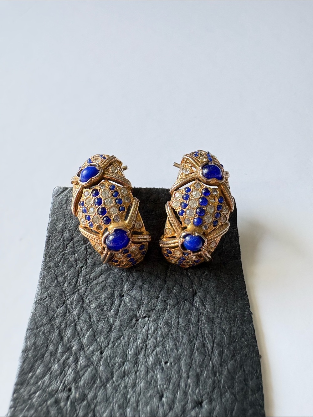 Vintage Gold Domed Sculptural Lapis Cabochon Rhinestone Diamond Stud Earrings - Picture 16 of 16